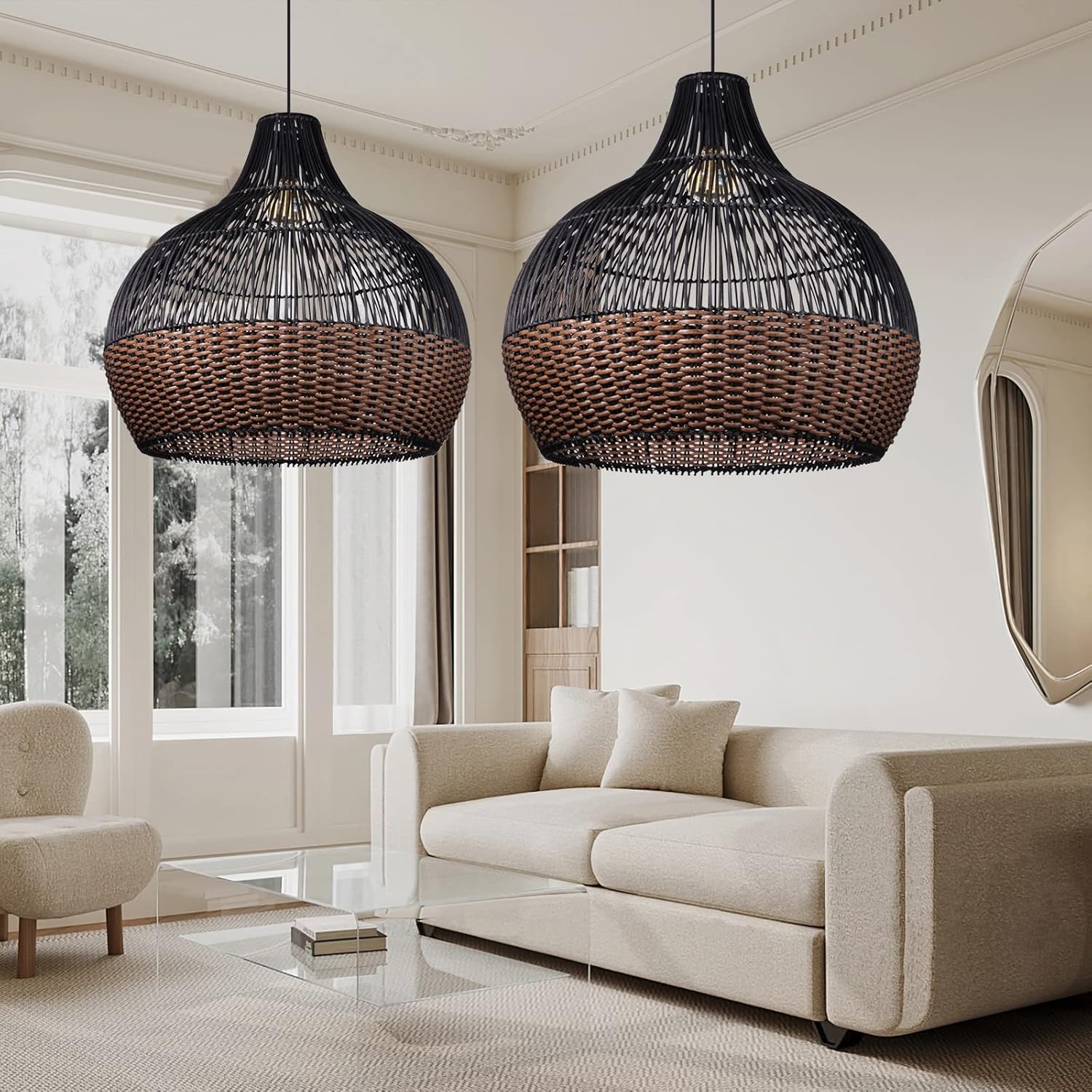 Arturesthome 1 Light Rattan Pendant Light Fixtures,Wicker Boho Black Basket Chandelier, Large Natural Woven Ceiling Hanging Lamp for Kitchen Island Dining Room W 23.5