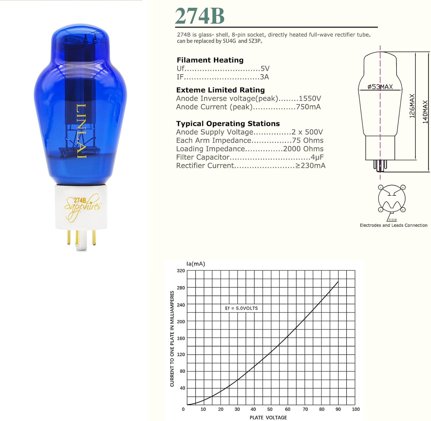 LINLAI 1piece 274B-Sapphire Full Wave Rectifiers High Vacuum Hifi Valve Electronic Tube for Audio Amplifier Replaced by 274B or 5U4G