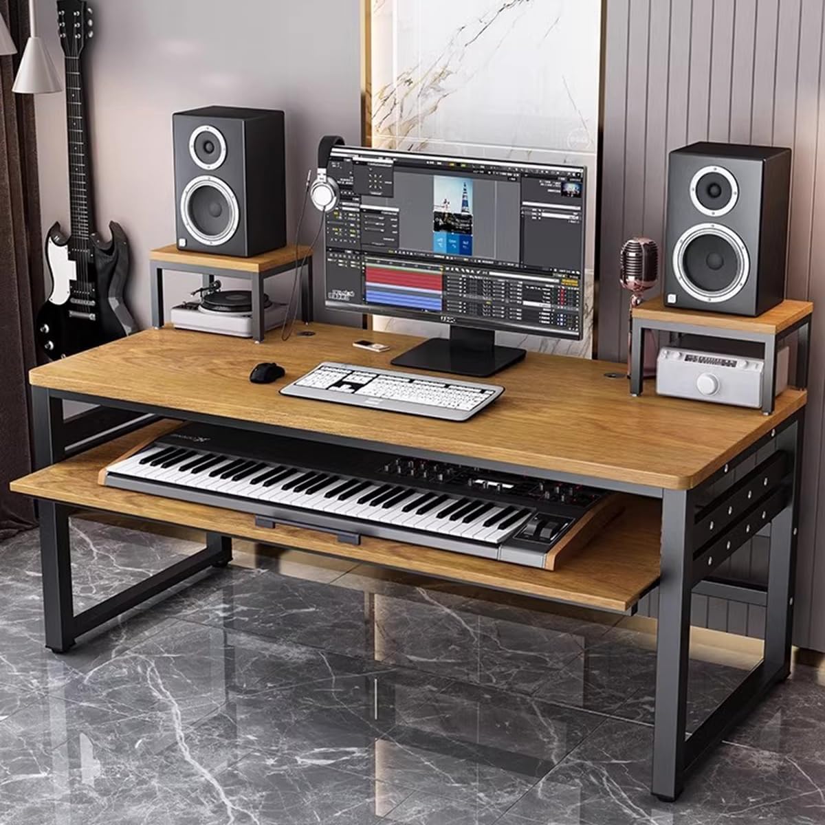 Music Production Studio Desk, Multi-Tier Computer Workstation with MIDI Keyboard Shelf, Wood and Black Metal Frame (Brown)