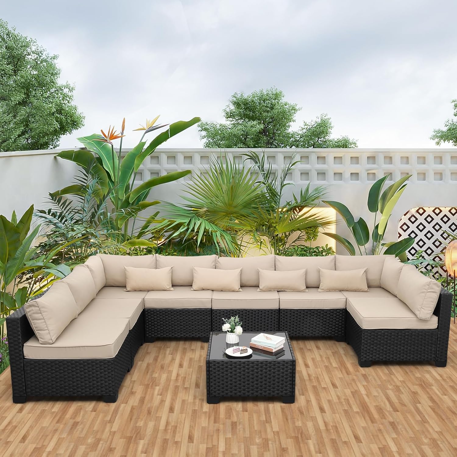 9 Pieces Outdoor Sectional All-Weather Wicker Patio Furniture Set Patio Sectional Glass Patio Table Non-Slip Cushions and Waterproof Covers, Khaki