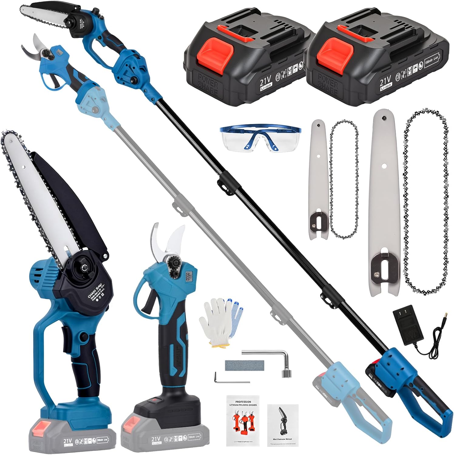 4-in-1 Electric Pole Saw & Pruning Shears Combo Kit, 6″& 8″Pole Saws for Tree Trimming, Cordless Shears and Battery Saw with Extension Pole & 2 x 21V Batteries for Garden Trimming