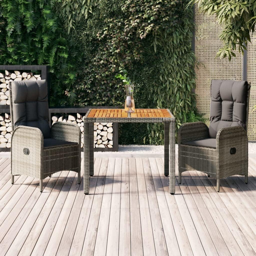 3 Piece Patio Dining Set with Cushions Gray Poly Rattan,Stylish Outdoor Reclining Patio Dining Set, for Garden Dining and Relaxation Furniture Sets for Patio, Lawn & Garden