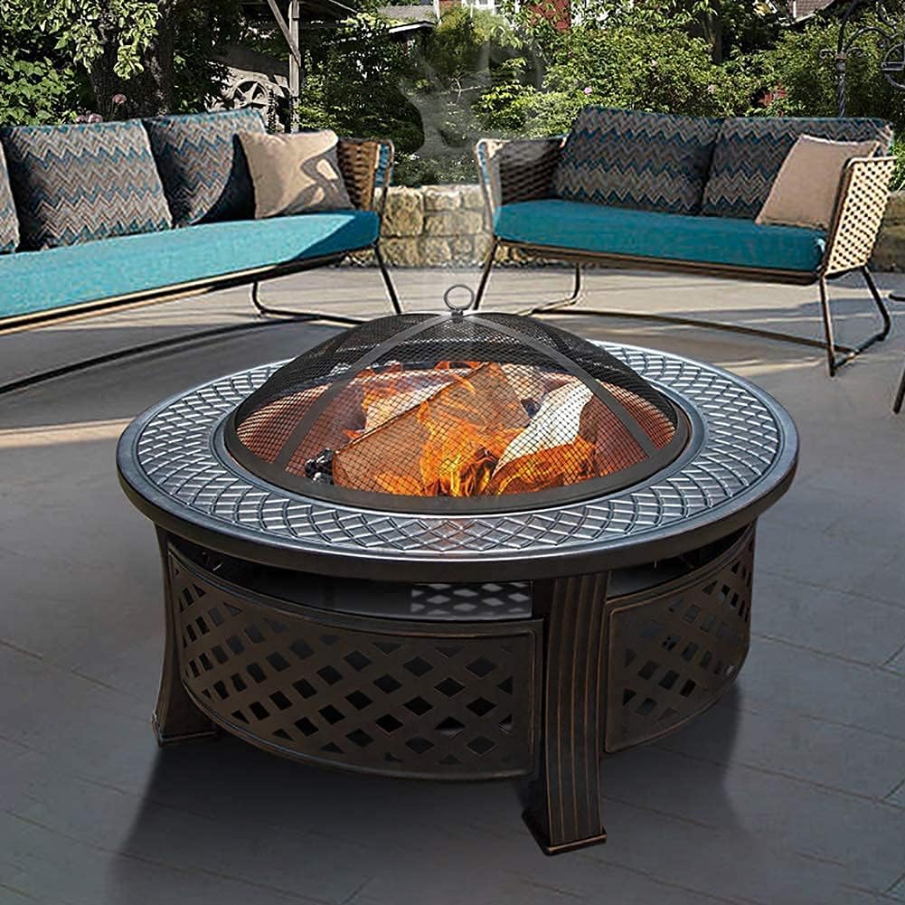 3 in 1 Garden Fire Pit with Grill Shelf Multifunctional Fire Pit for Heating/Ice Pit Patio Heater Garden Terrace Fire Bowl Round Metal Fire Basket with Waterproof