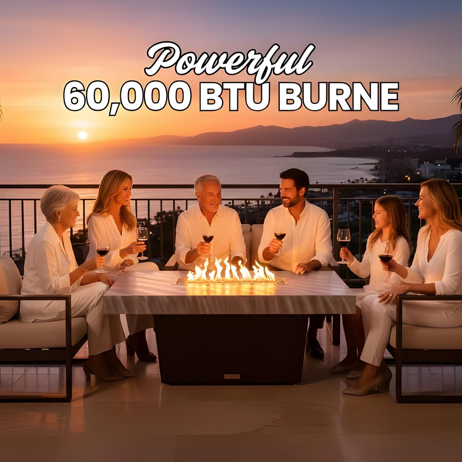 COOKE Palisades Rectangular Fire Pit Table - 52x36 - Chat Height - Natural Gas - Brushed Aluminum Top with 6cm Edge - Black Powdercoat Base