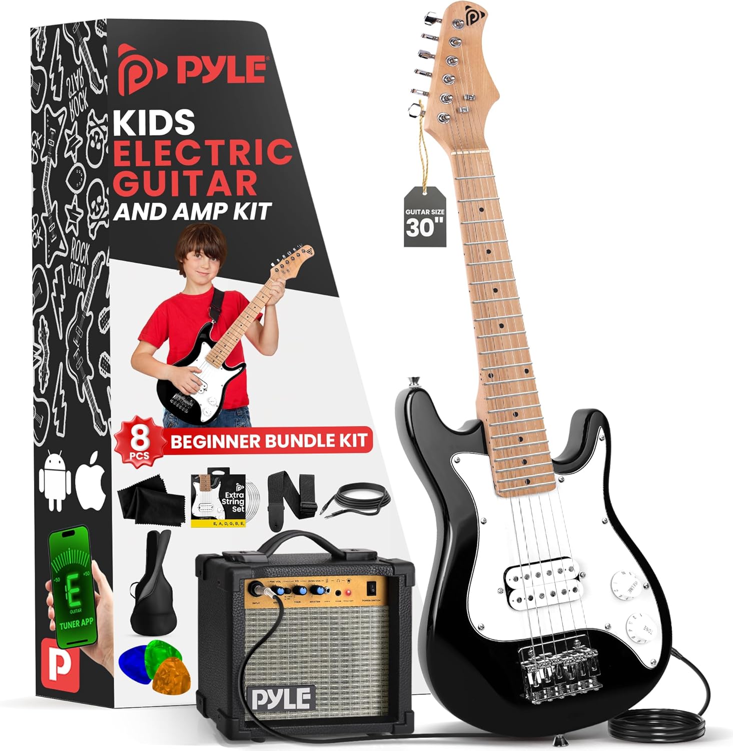 Pyle Kids Electric Guitar Starter Kit with Amplifier, 30” Mini Instrument w/ 10W Amp & Complete Accessories, PEGKT30
