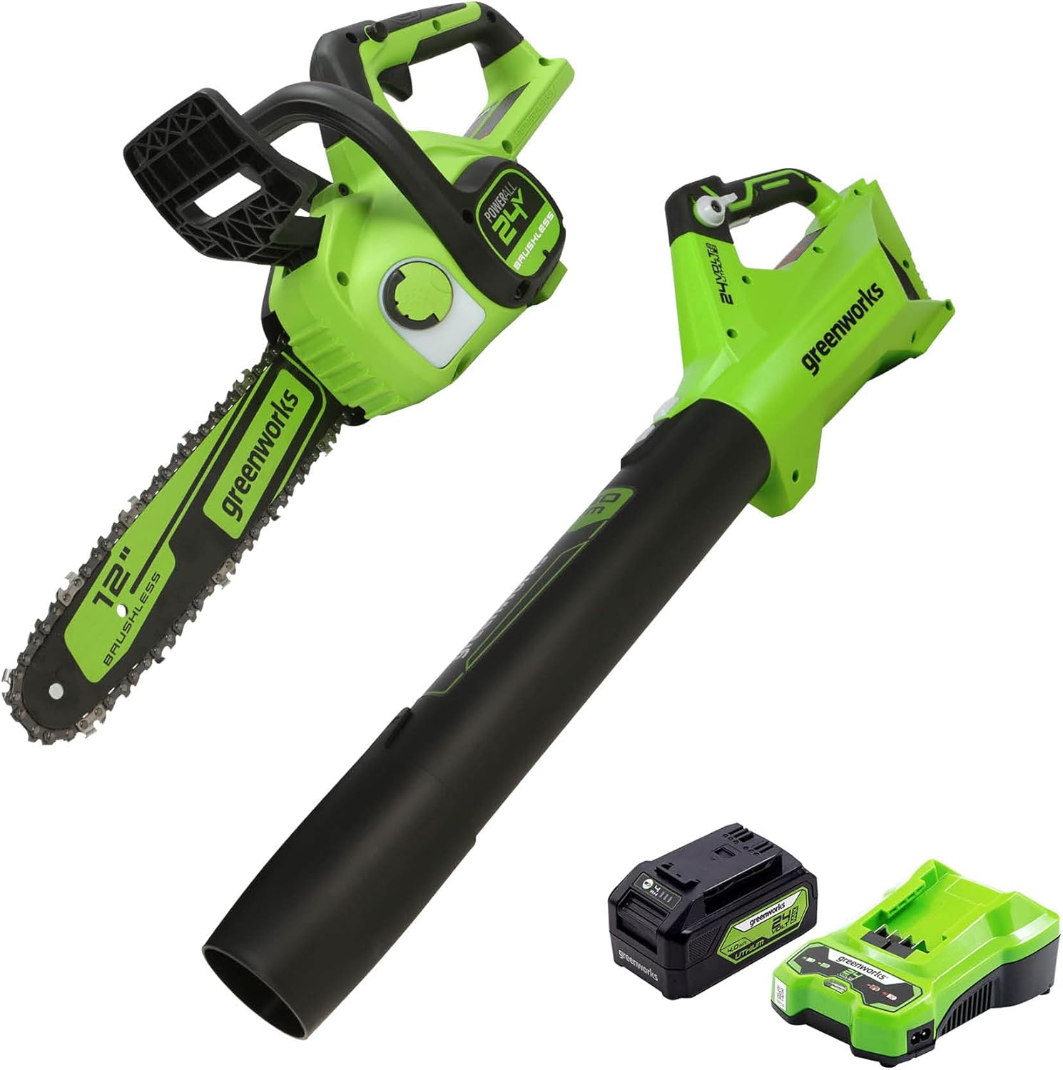 Greenworks 24V 12 in. Brushless Chainsaw, 4Ah USB Battery and Charger Included, CS24L410 & 24V Brushless Axial Blower (110 MPH / 450 CFM) Tool Only BL24L00