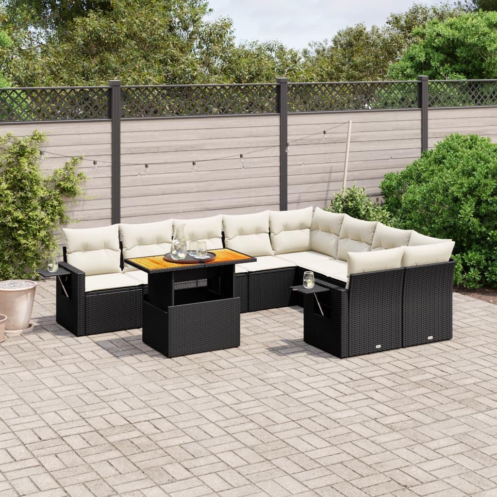 10-Piece Garden Sofa Set Black, Cream White, Modular PE Rattan Outdoor Furniture with Thick Cushions, Patio Dining Table and Chairs for Backyard, Balcony