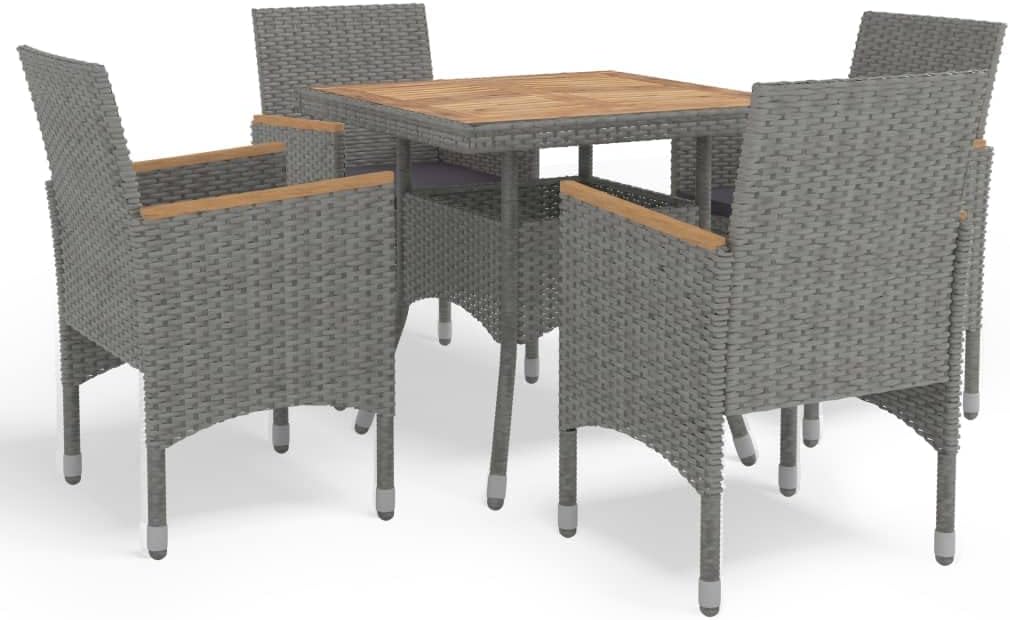5-Piece Outdoor Dining Set, Grey Poly Rattan & Acacia Wood Patio Furniture, Square Table & 4 Armchairs for Garden, Balcony, Deck