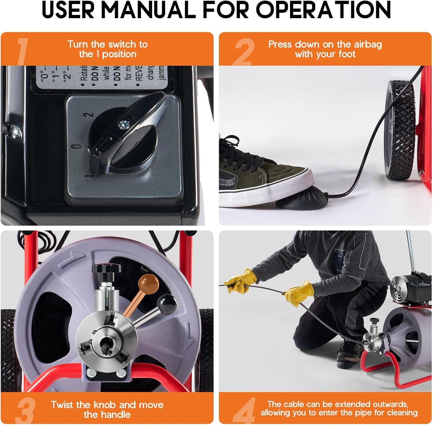 Albott 75 FT x 3/8 inch Electric Drain Cleaner Machine with Auto-Feed & 9 Cutters, Sewer Snake Auger for 1–4 Inch Pipes, Foot Switch & Wheels, Ideal for Home & Commercial Use, Grey/Red
