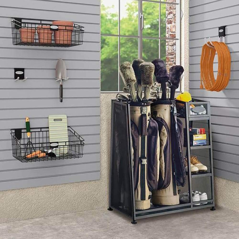 Suncast Garage Golf Bag Shelf Organizer with Leveling Feet and 5 Inch Bin for Club, Ball, and Accessory Storage, 2 Pack