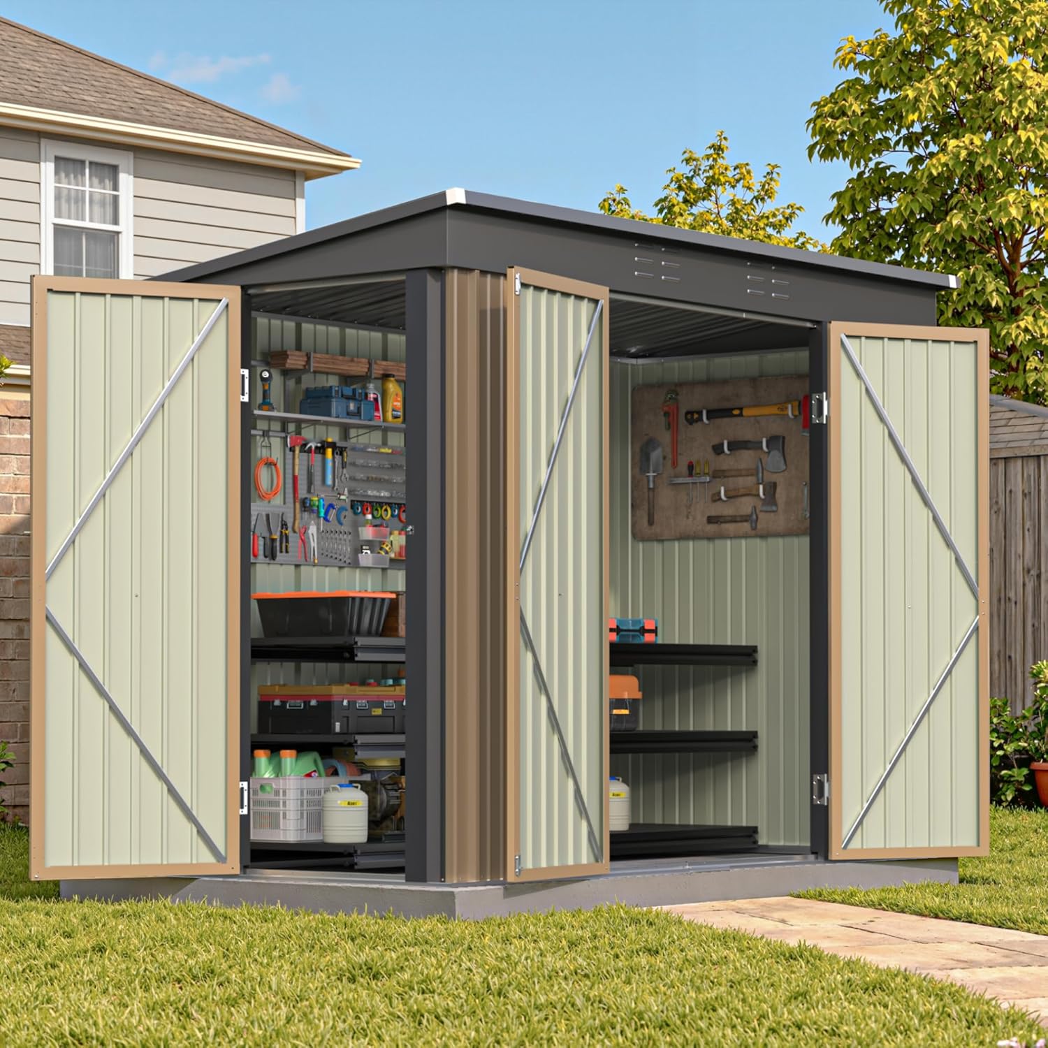 Patiowell 8x4 FT Outdoor Storage Shed, Heavy Duty Tool Metal Sheds with 3 Lockable Doors and Updated Frame Structure for Backyard Patio Lawn, Brown