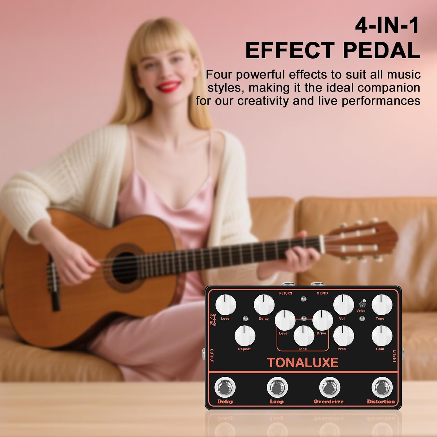 4-in-1 Music Synthesizer Guitar Effects Pedal – Distortion, Overdrive, Loop & Delay Multi-Effects Analogue for Electric Guitar, DC 9V