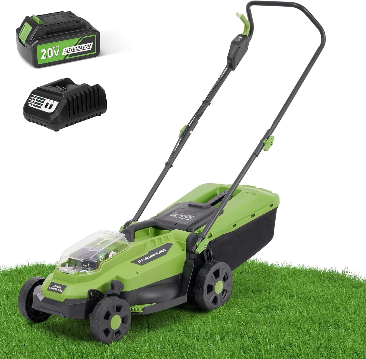 20V Brushless Lawn Mower Cordless,13Inch Electric Lawn Mower with 4.0Ah Battery & Fast Charger, 5 Position Height Adjustment, 8 Gallon Grass Bag, Green