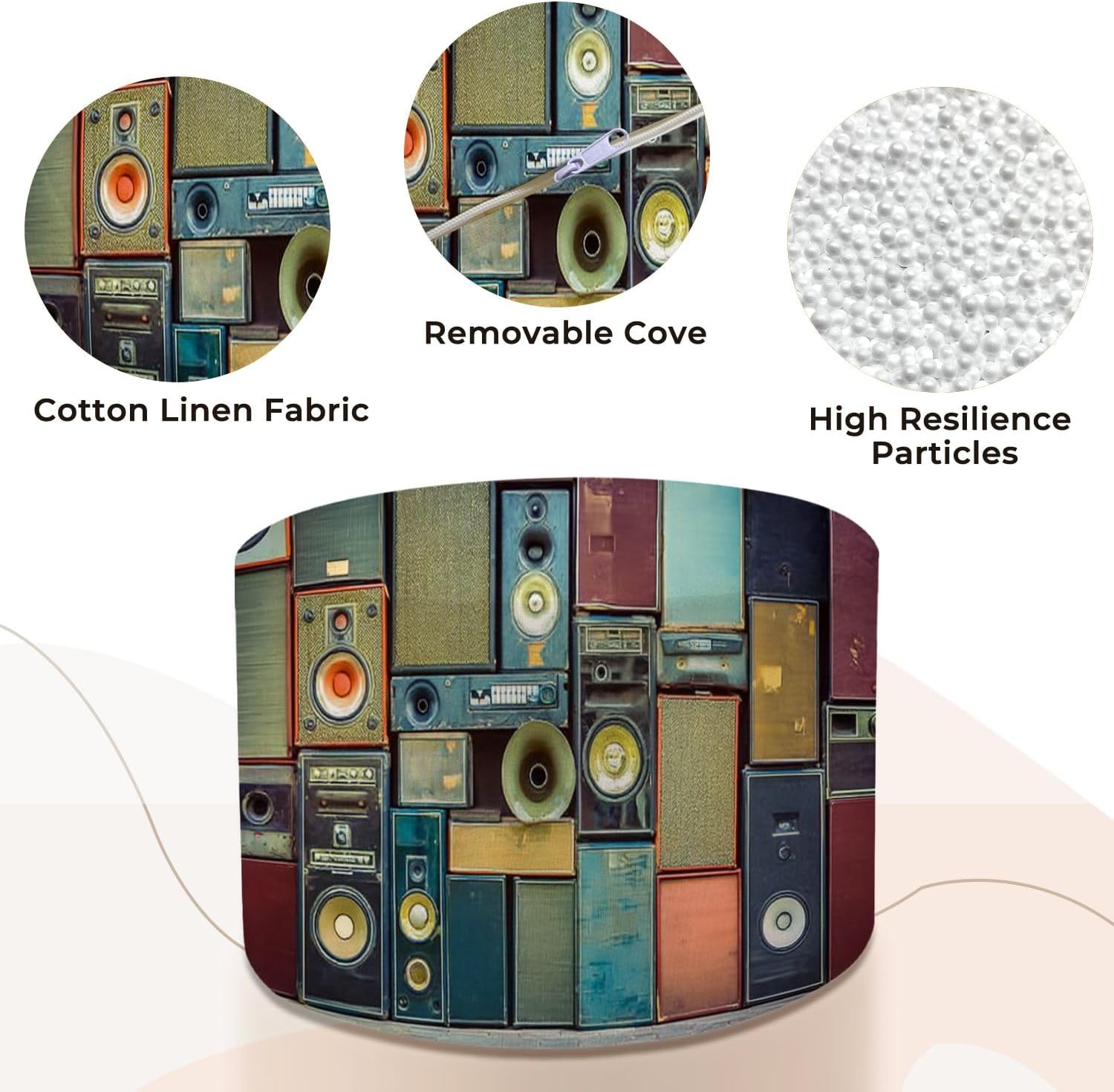 Round Pouf Ottoman Music Speakers Wall Retro Vintage Style Foot Stool Foot Rest Floor Stool Bean Bag Chair Cotton Linen Removable Indoor Outdoor for Living Room Bedroom