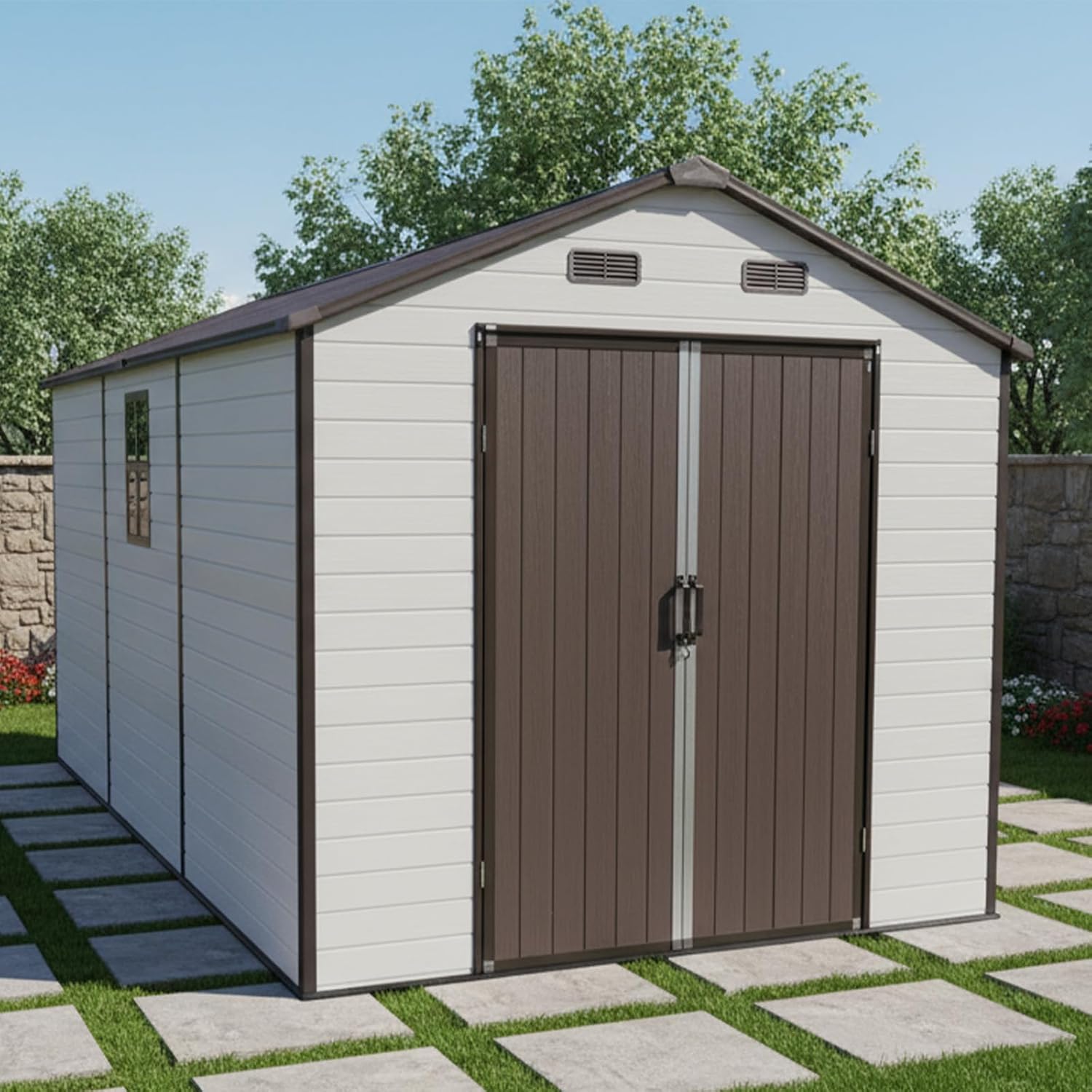 8x14 FT Resin Storage Sheds Outdoor with Floor Included, Plastic Sheds & Outdoor Storage Clearance with 2 Windows and Lockable Door, Backyard Storage Sheds for Garden Tools, Brown+White