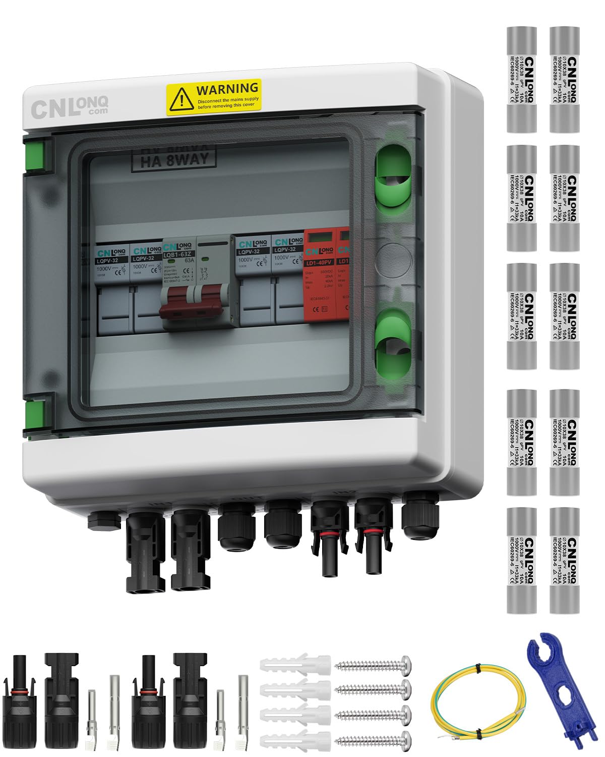 2 String Solar PV Combiner Box with 10pcs Fuse Link 10A 1000V DC IP65 2 in 1 Out DC500V 63A Circuit Breaker with Surge Protector and 30A PV Fuse,Solar Disconnect Switch Outdoor Waterproof for Solar Pa