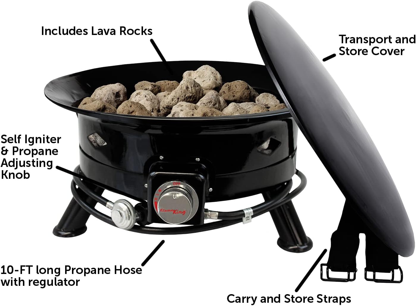 Flame King Smokeless Portable Propane Fire Pit Bowl, 24 inches, 58K BTU with Propane Grip Scale, Self Igniter, Cover, & Carry Straps for RV, Camping, & Outdoor Living