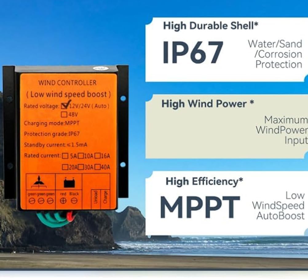 6000W IP67 Waterproof Controllerwind Turbine Charge Controller 12V/24V/48V Auto MPPT Low Wind Speed Boost Wind Regulator for Wind Power System Battery Charging,Yellow,12V