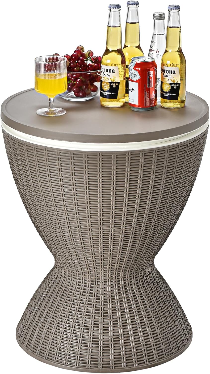 S AFSTAR Cool Bar Table, 8 Gallon Rattan Patio Bar Cooler with Ice Bucket & Height Adjustable Tabletop, Beer & Wine Cooler, Outdoor Indoor Cocktail Coffee Table for Patio Party Pool Deck (Brown)