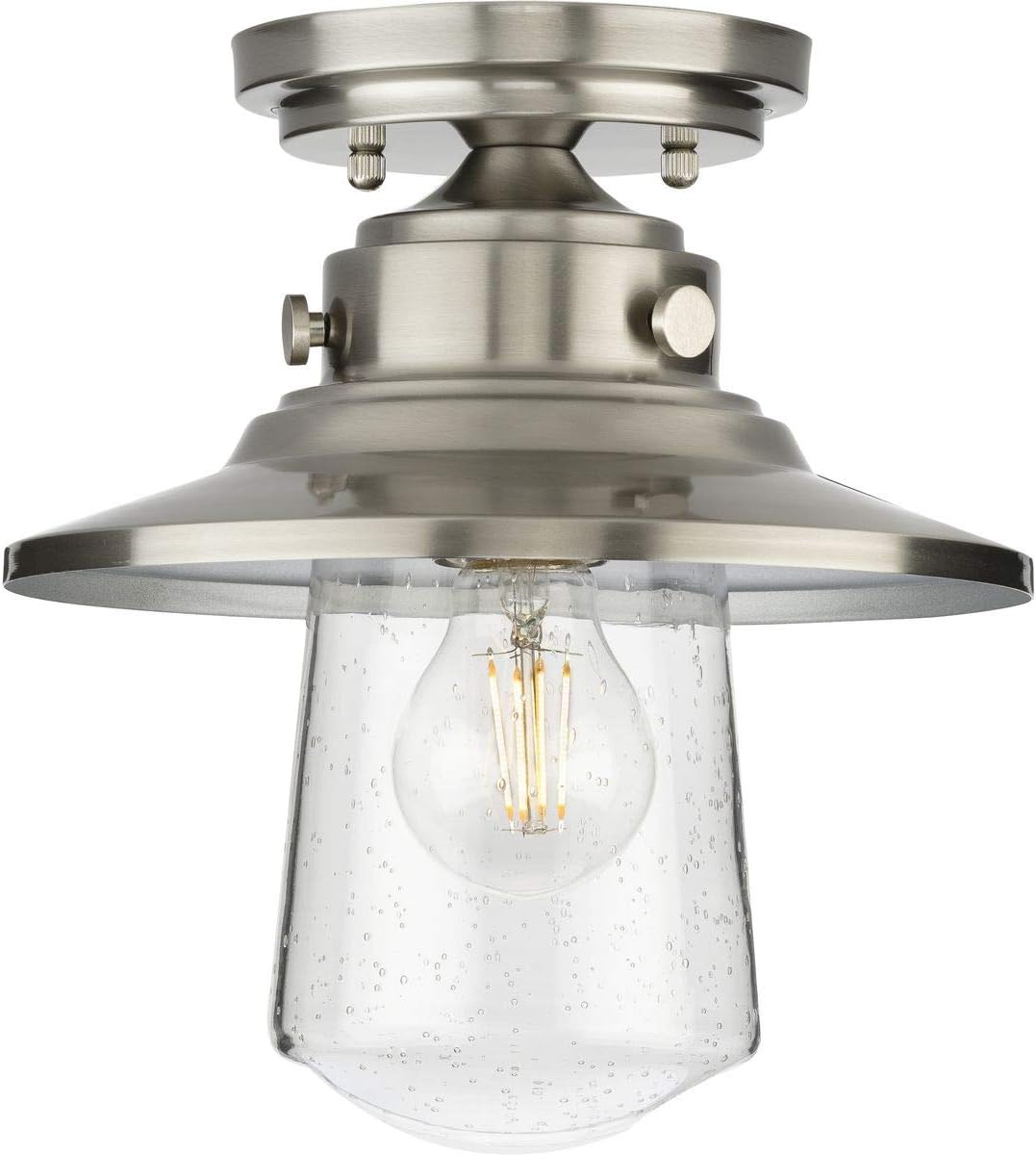 Tremont Collection 1-Light Stainless Steel Clear Seeded Glass Farmhouse Outdoor Semi-Flush Mount Light
