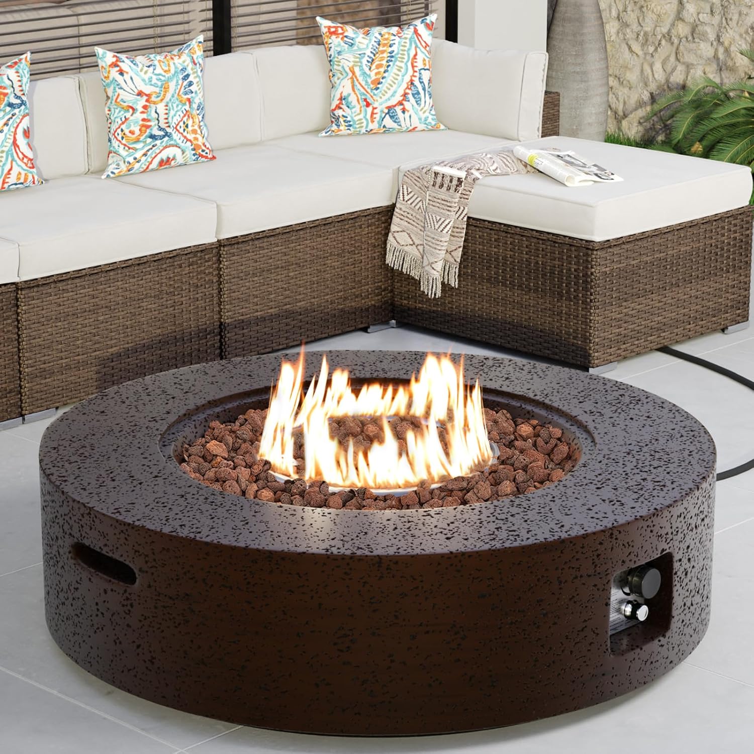 SUNBURY 42 inches Round Propane Outdoor Fire Pit, Gas Patio Fire Table 50,000 BTU Concrete Travertine Design, Circular Base Firepit with Lava Rocks, Waterproof Cover (Brown)