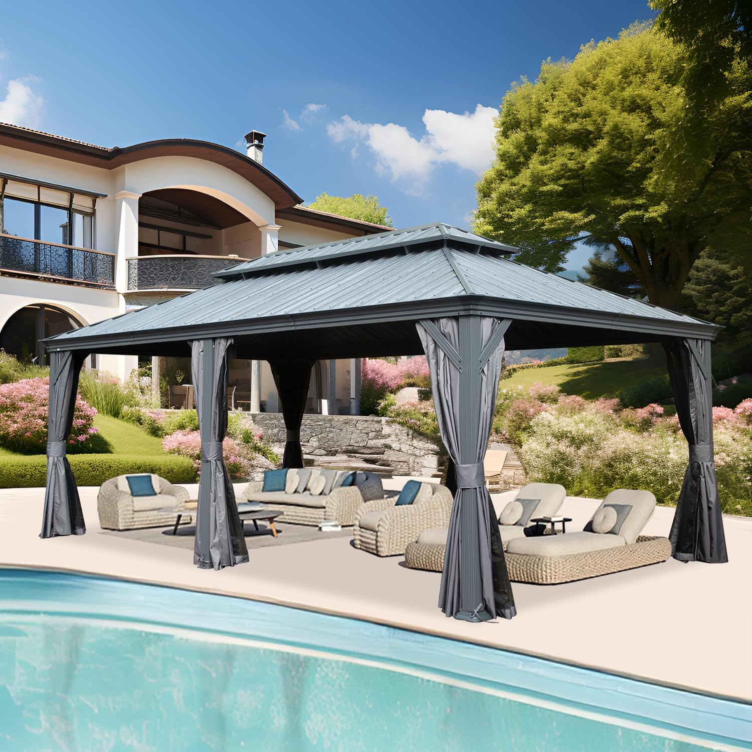 Domi Hardtop Gazebo 12x18FT, Outdoor Gazebo with Galvanized Steel Double Roof, Metal Shelter Canopy with Drainage System, Detachable Curtain and Netting for Patio Deck Garden, Gray