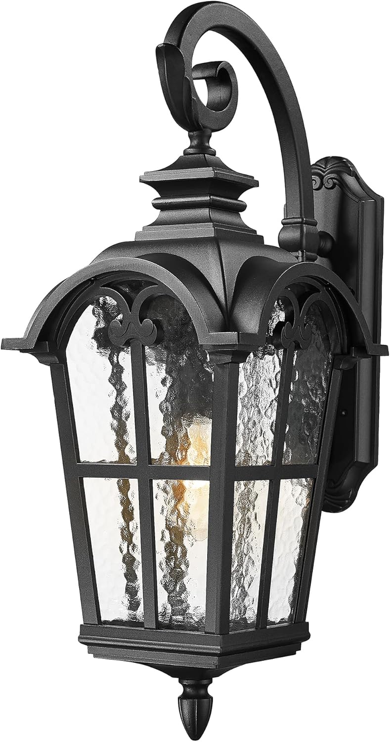 Emliviar 28.7 Inch Farmhouse Wall Light, Large Exterior Wall Sconce for Porch Patio, Water Grain Glass in Black Finish, WE215BL BK