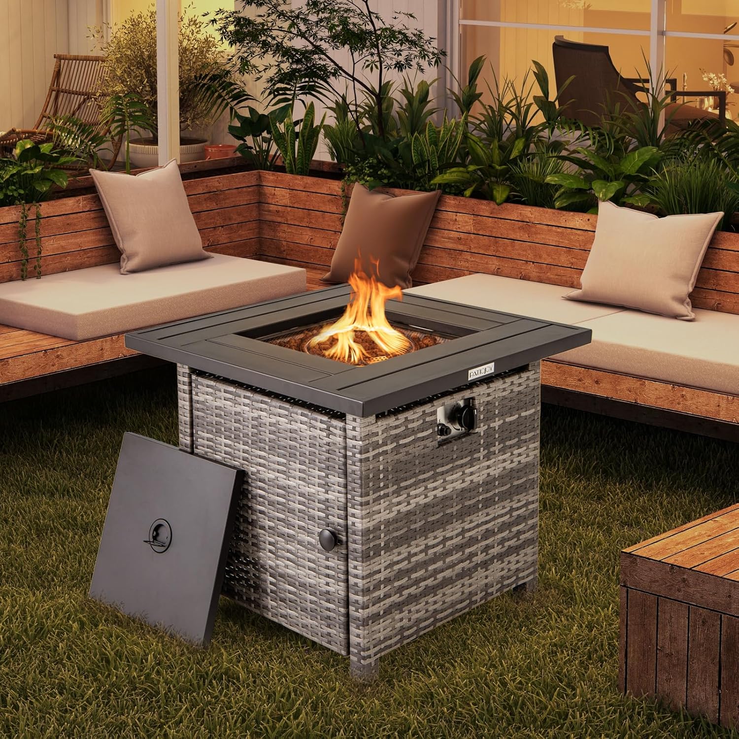 Tangkula 29 Inch Rattan Propane Fire Pit Table, Patiojoy 50,000 BTU Outdoor Square Fire Pit with Lava Rocks & Protective Cover, Heavy-Duty Metal Frame & Top, Patio Fire Table for Backyard, Poolside