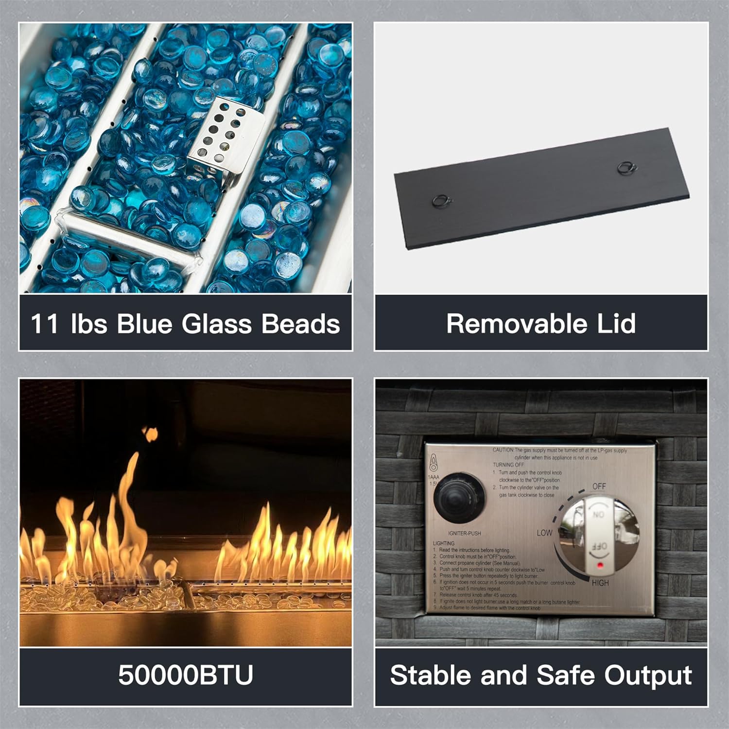 Outdoor Fire Pit Table 43.3 Inch with Glass Wind Guard Lid Fire Glass Beads, 50,000 BTU Smokeless Fire Pits for Outside,Outdoor Wicker Propane Gas Fire Pits for Patio (Dark Gray)