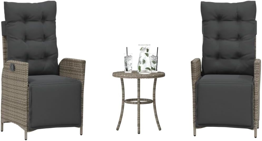 3 Piece Bistro Set with Cushions Gray Poly Rattan,Versatile Patio Furniture Set: Reclining Chair and Table with Adjustable Backrest for Outdoor Use Patio Furniture Sets, Outdoor Furniture Sets