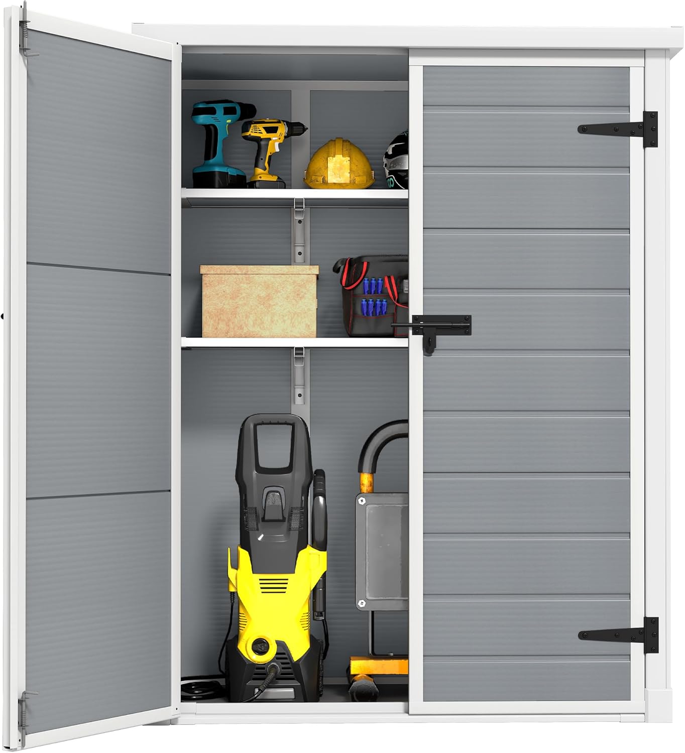 GOOBED Outdoor Storage Shed with 2 Adjustable Shelves, 50 Cu Ft Waterproof Vertical Garden Tool Shed with Lockable Door, Plastic Tall Tool Cabinet for Backyard Garden Patio Lawn, Gray