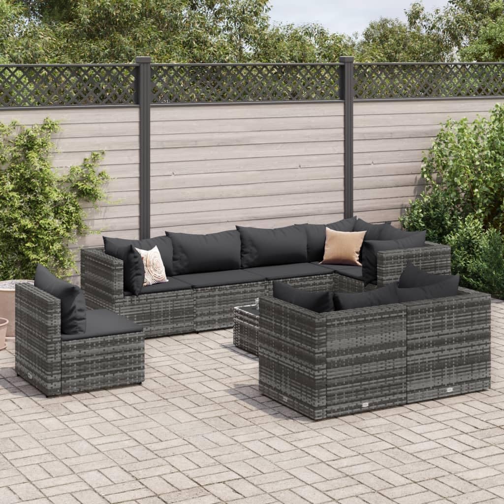 Furniture Sets 9 Piece Patio Lounge Set with Cushions Gray Poly Rattan,Durable Rattan Outdoor Furniture Set with Glass Tabletop for Patio or Backyard Garden Conversation Sets