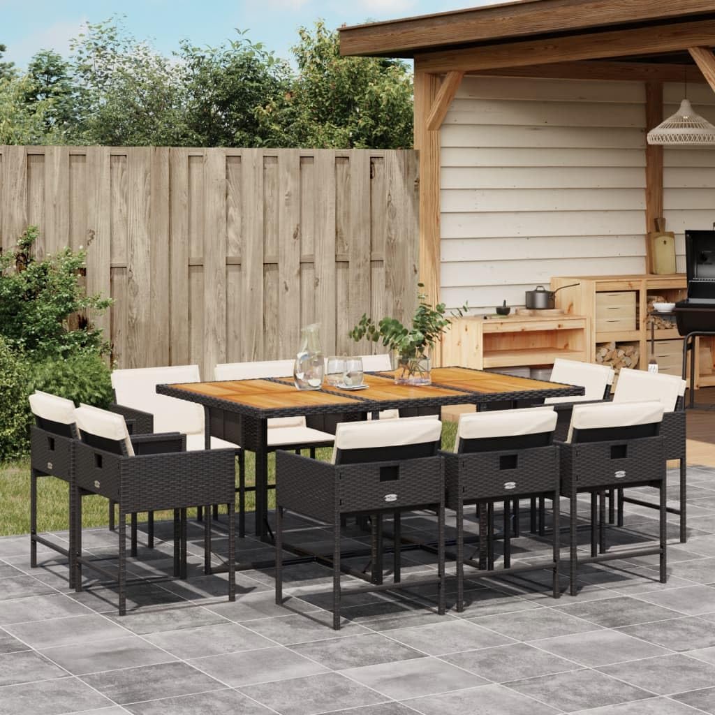 11 Piece Patio Dining Set with Cushions Black Poly Rattan Garden Furniture