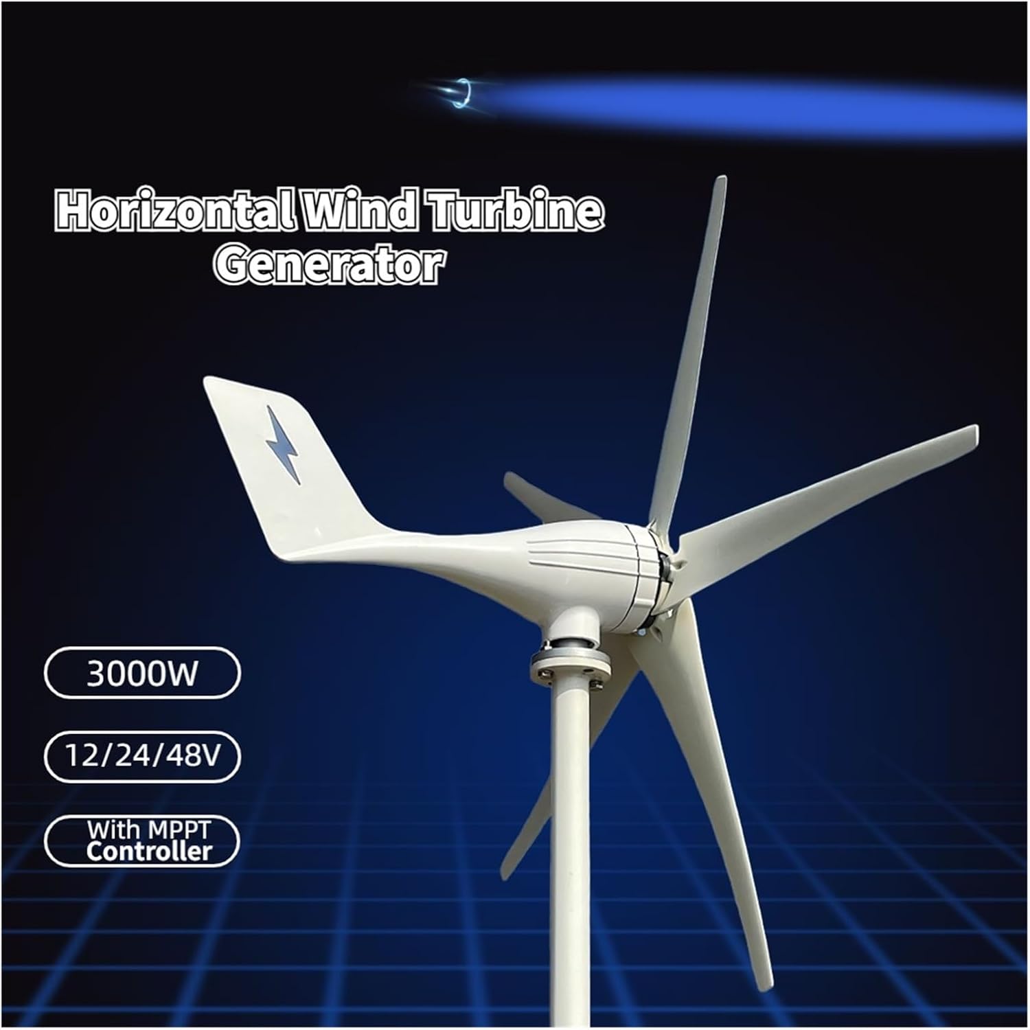 Horizontal Axis 3000W 3/5 Blades Windmill 12V 24V 48V Wind Power Small Wind Turbine Generator MPPT Controller for Home Use Low Starting Speed for Home(12V,3000W 3blades)