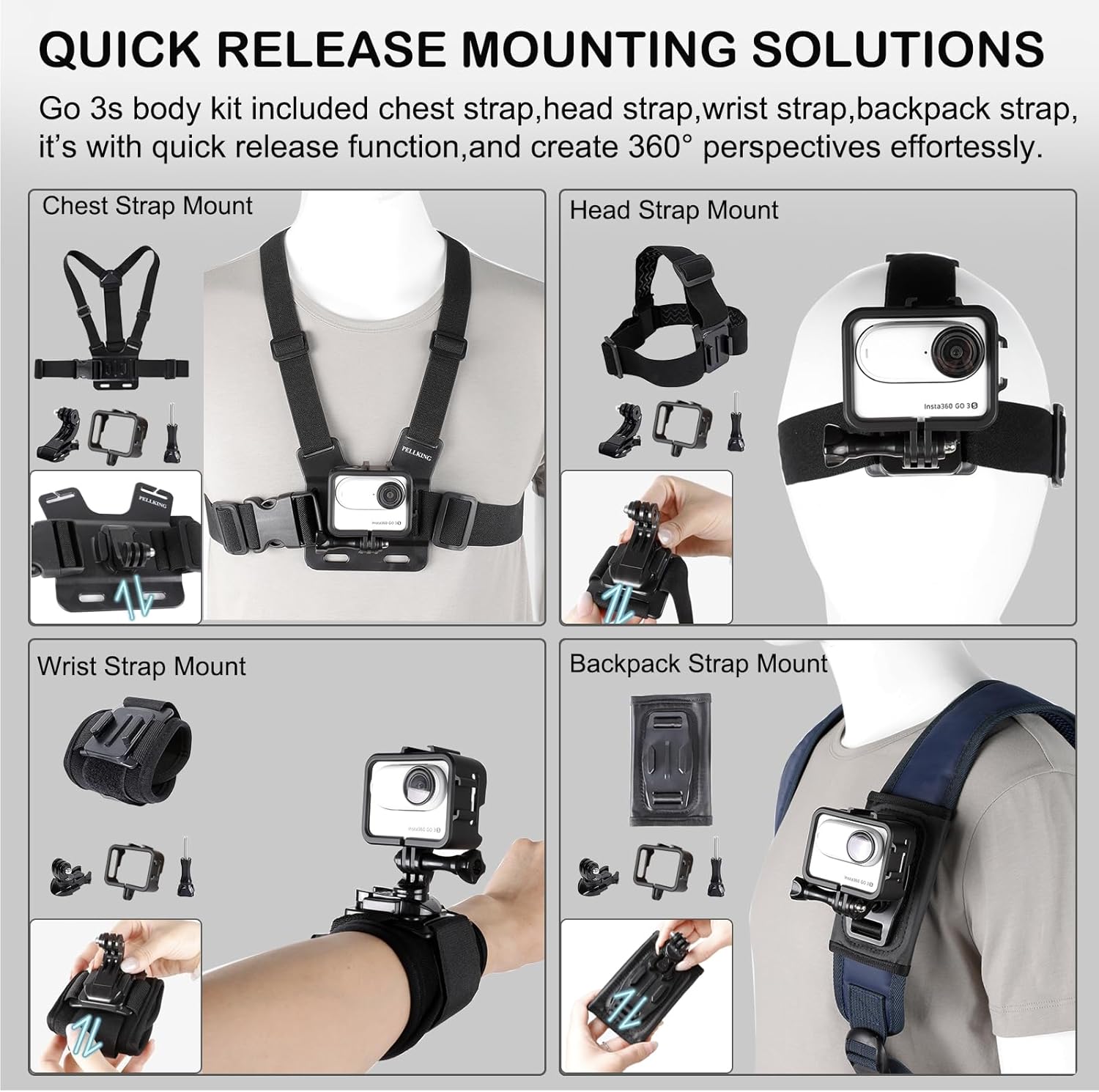 PellKing Accessories Kit for insta360 3/3S,Include Carrying Case with Handle,Selfie Stick,Chest Strap,Head Strap,Backpack Strap,Wrist Strap,Magnetic Mount,Handlebar Clamp,Screen Protector,and Other