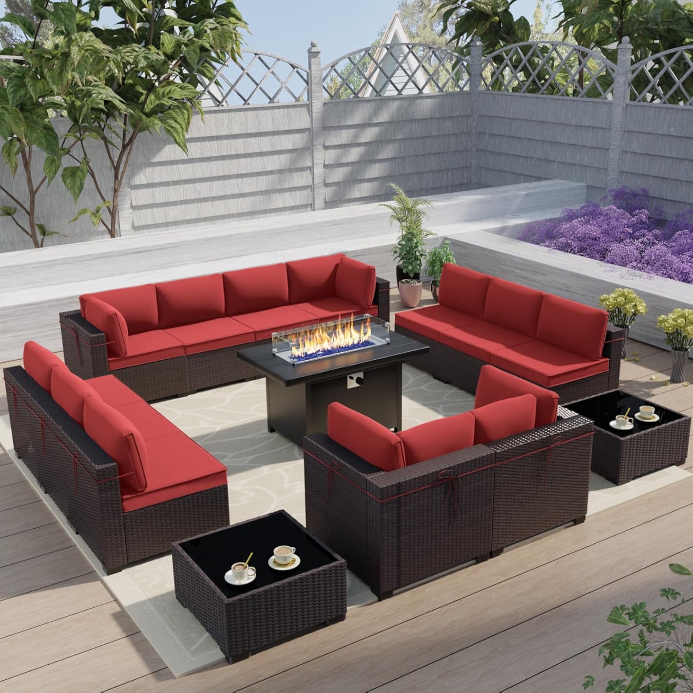 Outdoor Terrace Furniture Set, 15 Piece Outdoor Furniture Set, with 43 inch Aluminum 55002 BTU Propane fire Pit, PE Willow Vine Terrace Dialogue Set - Red.