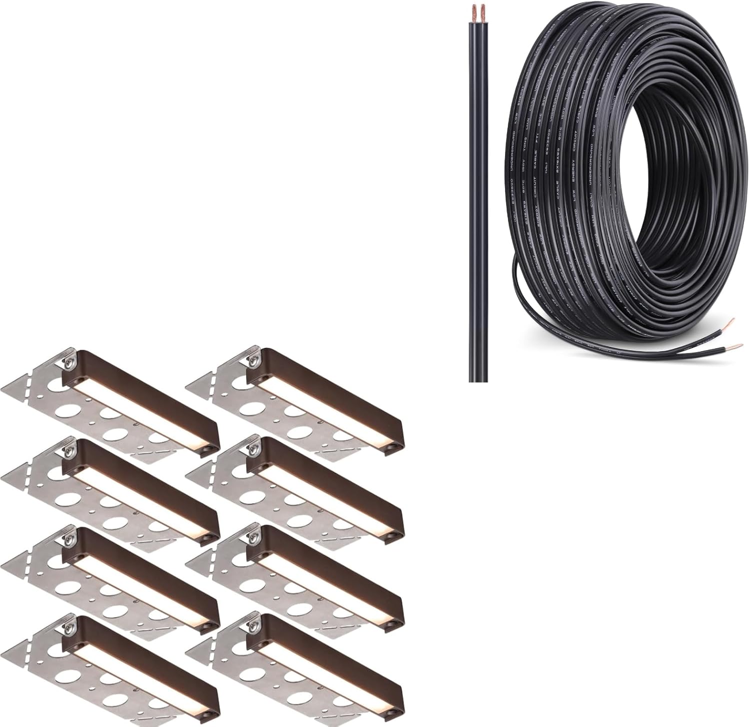 LEONLITE 7 Inch Hardscape Paver Light Bundle 100ft 16/2 Cable, 8-Pack 1.5W 7 Inch Low Voltage LED Retaining Wall Light, 2700K Soft White & 1-Pack 100ft 16/2 Low Voltage Landscape Lighting Cable, Black
