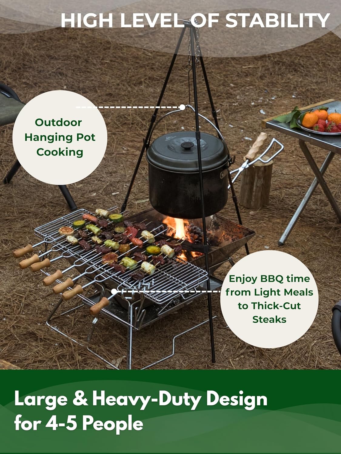 CAMPINGMOON Large Portable Campfire Fire Pit BBQ Grill Stainless Steel Foldable Collapsible Wood Burning Charcoal Grill for Heavy Duty Outdoor Cooking RV Camping, 20x13-inch, with Carry Bag MT-3