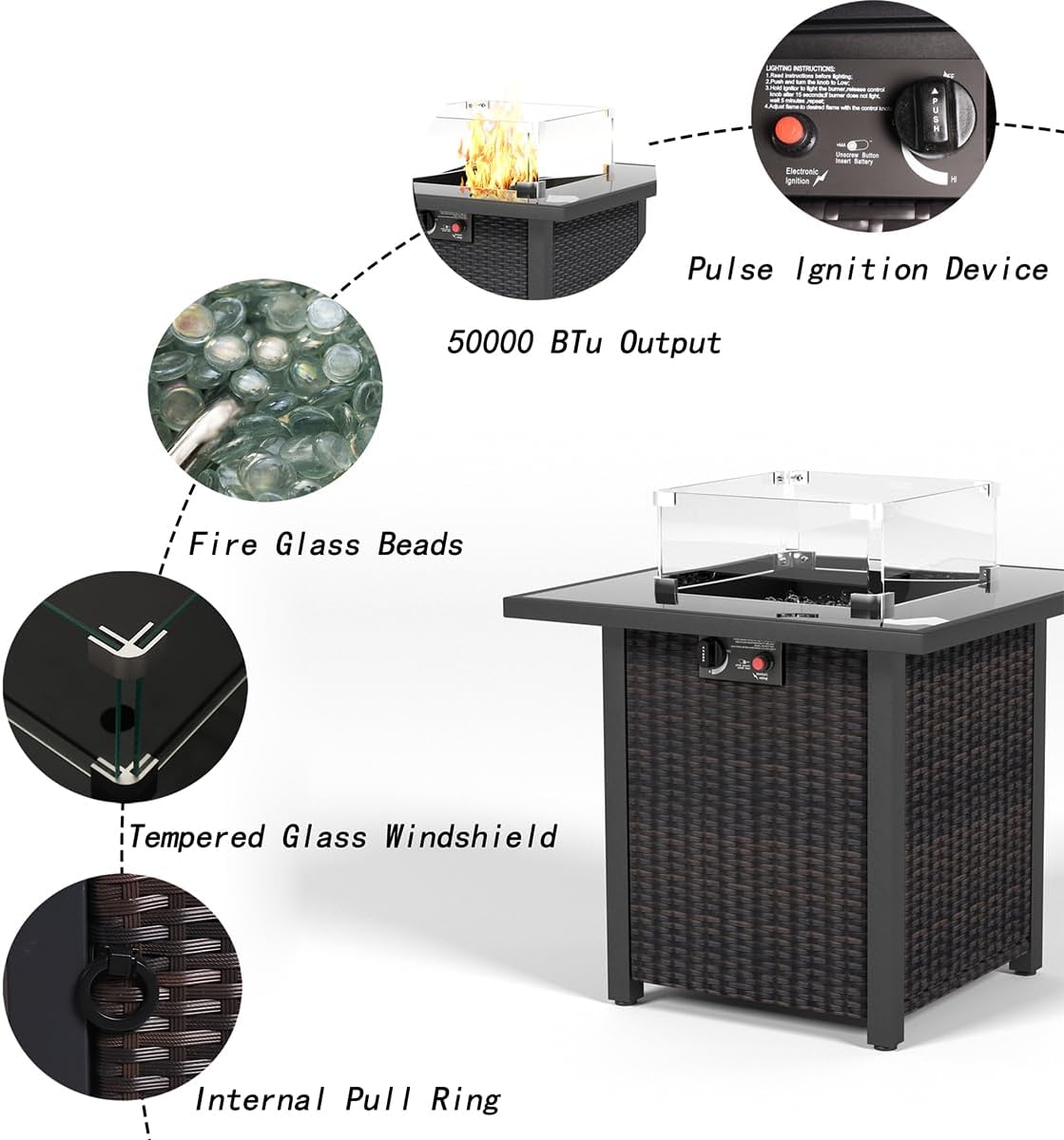 28 Inch Propane Fire Pit Table, Rattan Wicker Look, 50000 BTU Gas Firepits Tempered Glass Tabletop with Glass Windscreen Protector for Outside Patio and Garden(Brown)