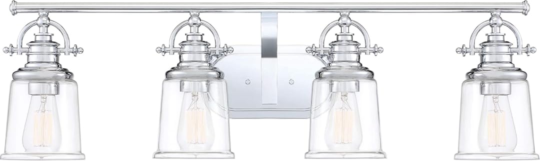 Quoizel Grant Transitional Vanity Lights, 32 Inch 4-Light Polished Chrome Bath Lighting Fixtures Over Mirror, Opal Etched Glass, Classic Americana Wall Mount Light for Bathrooms, Kitchen or Hallway
