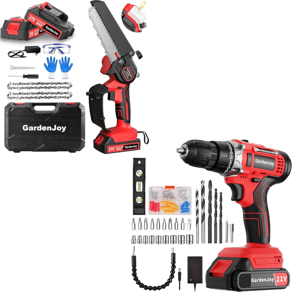 GardenJoy 21v Cordless Power Drill Set + 21v Mini Chainsaw