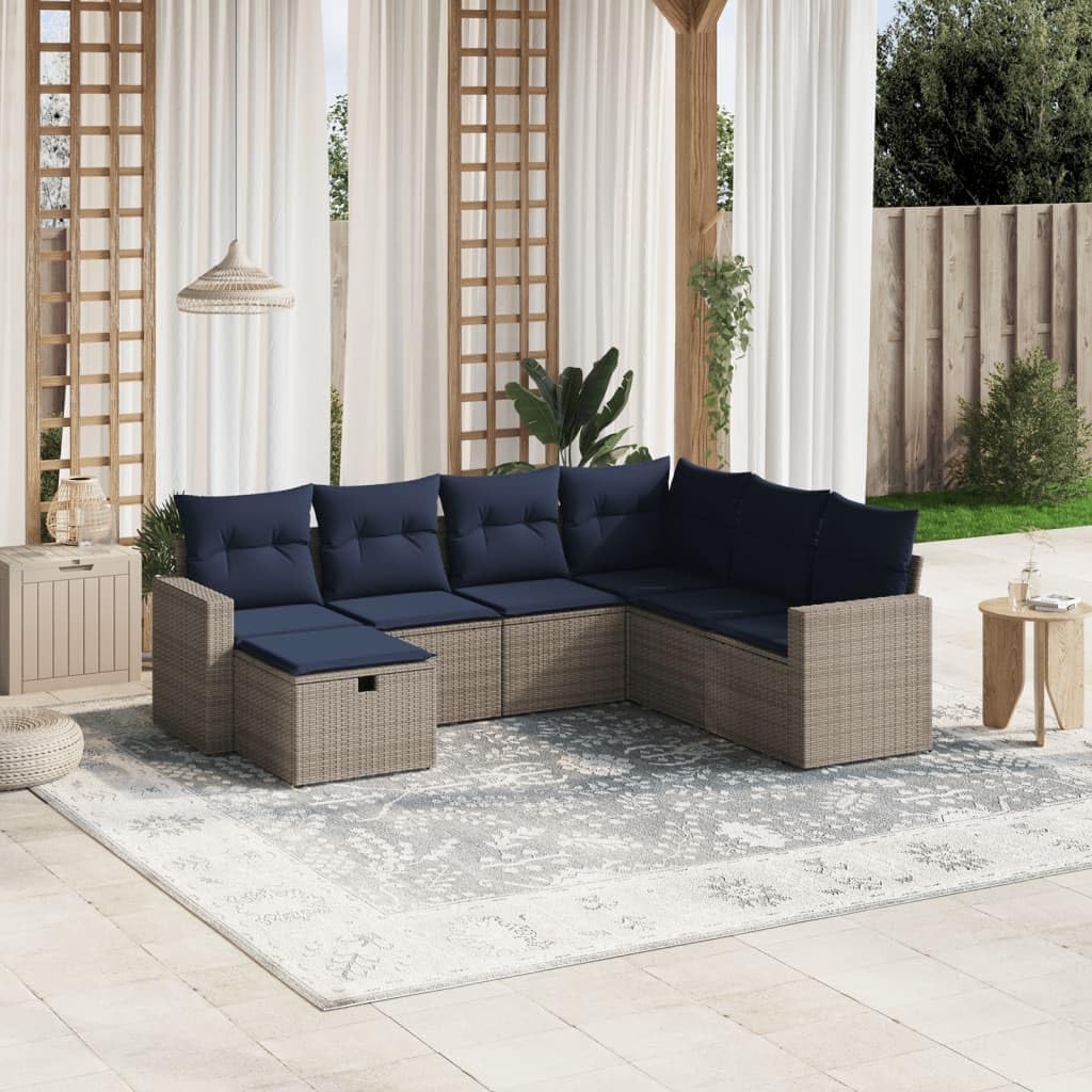 7 Piece Patio Sofa Set with Cushions, Gray Poly Rattan Outdoor Furniture Sectional, Modular Design for Backyard Terrace