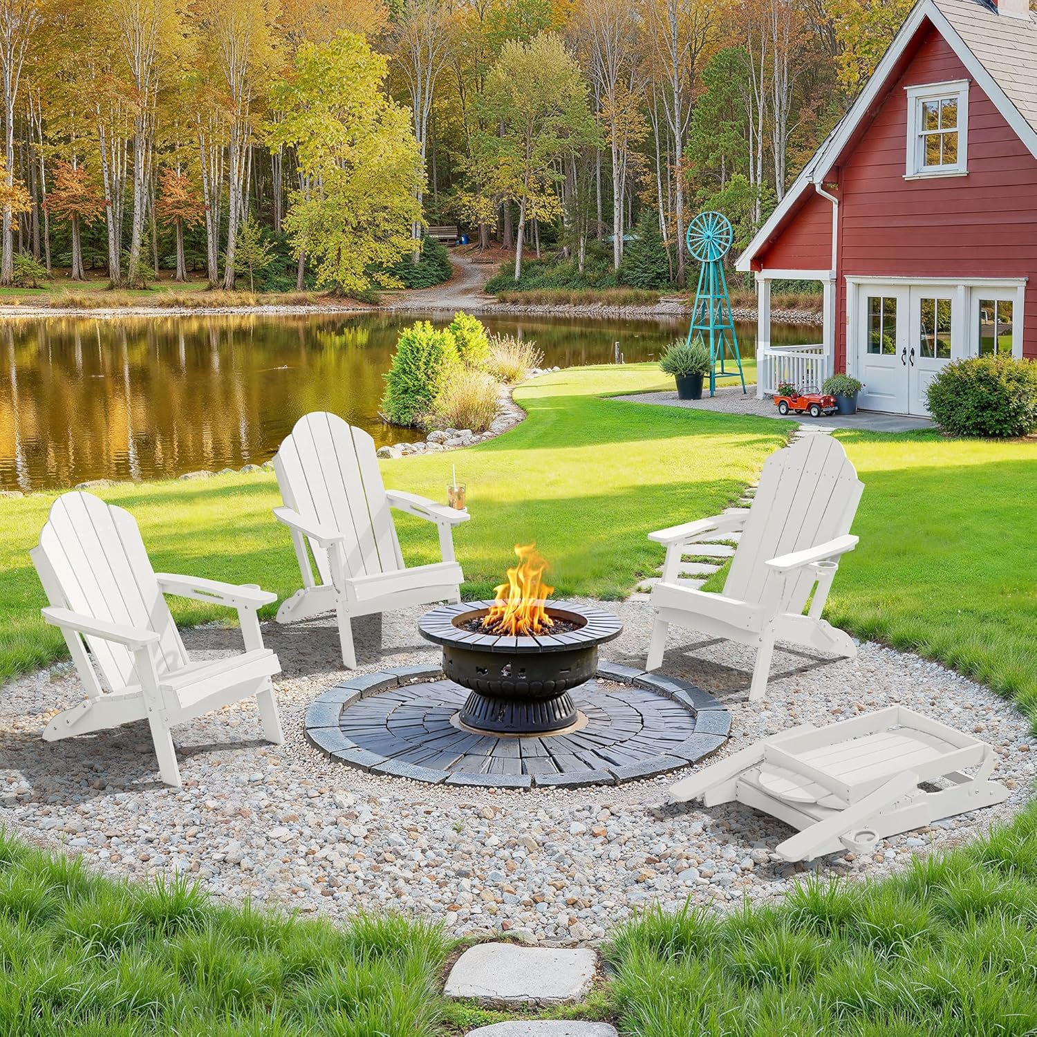 LUE BONA Folding Adirondack Chair, Chairs Set of 4, Cup Holder, Woodgrain, Fire Pit, Patio, Pool, White