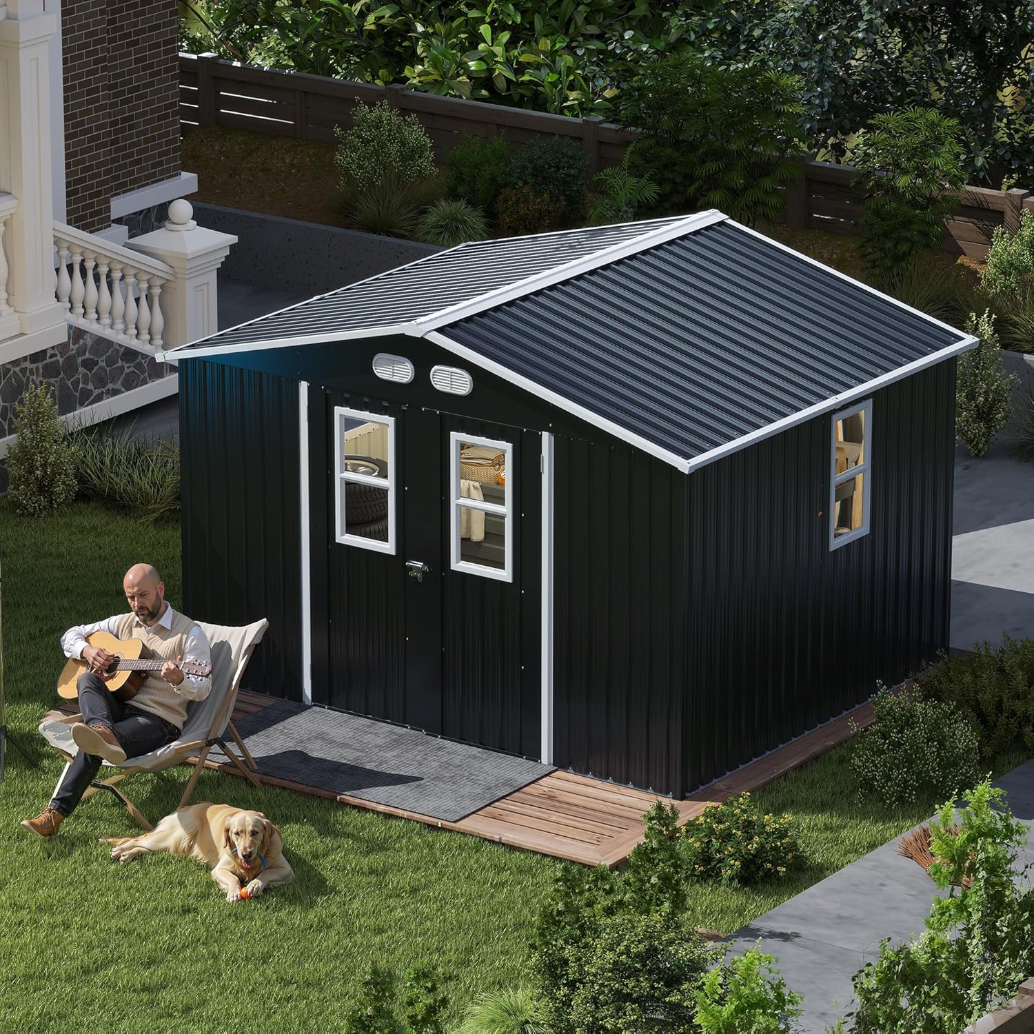 KEIKI Large 8x10 Metal Shed with Four Windows, Lockable Outdoor Storage Shed for Backyard, Tiny House Sheds, Metal Storage Shed for Tools & Equipment, Sheds and Outdoor Storage, Dark Gray