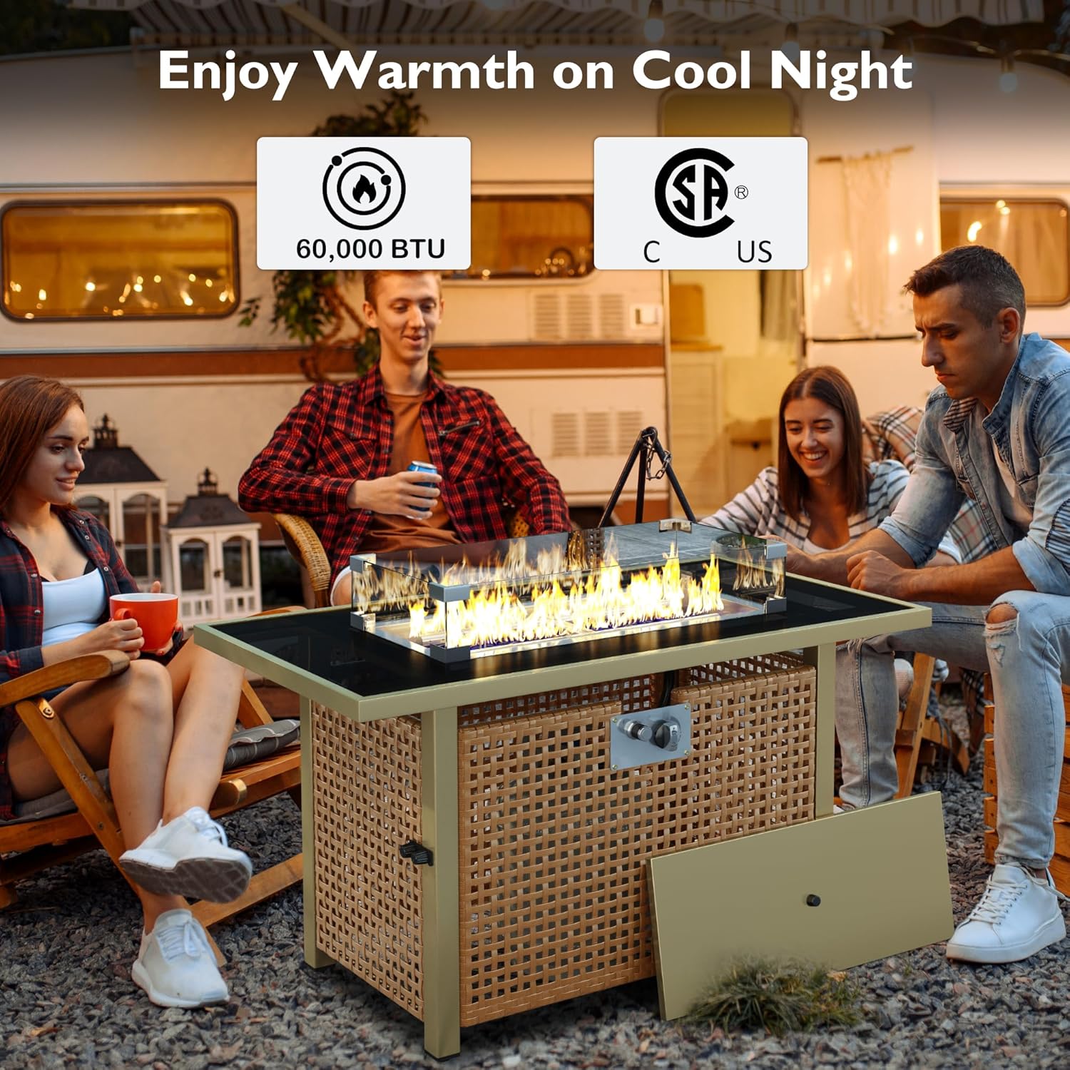 43-Inch Propane Fire Pit Table, Outdoor Gas Fire Table with Glass Wind Guard, 60000 BTU Rectangular Open Weave Wicker Fire Pit for Outside Patio Deck Garden Backyard- Orange & Mustard Yellow