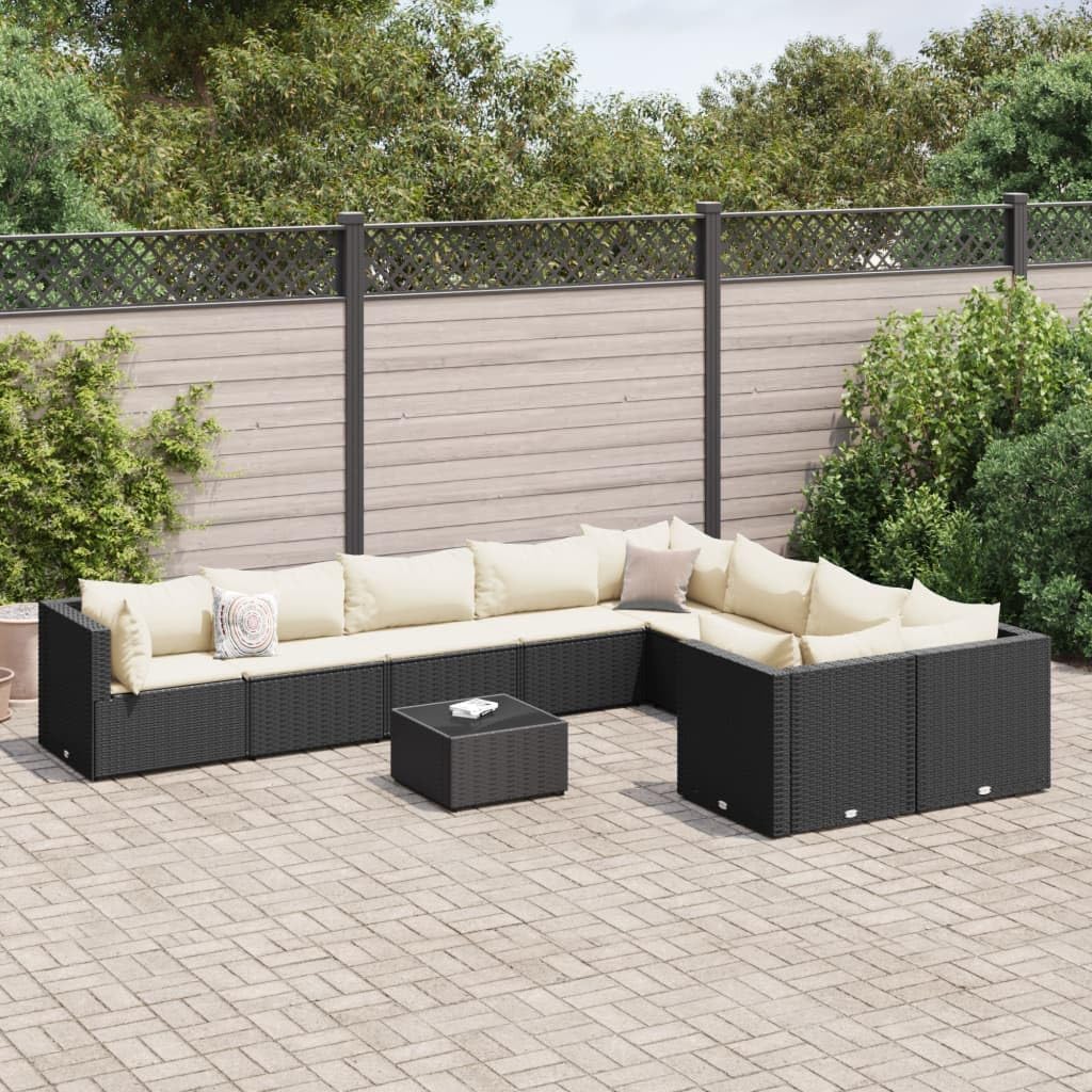 10 Piece Patio Sofa Set with Cushions Black Poly Rattan,Contemporary Modular Rattan Patio Furniture Set for Comfortable Outdoor Living Patio Furniture Sets, Outdoor Furniture Sets