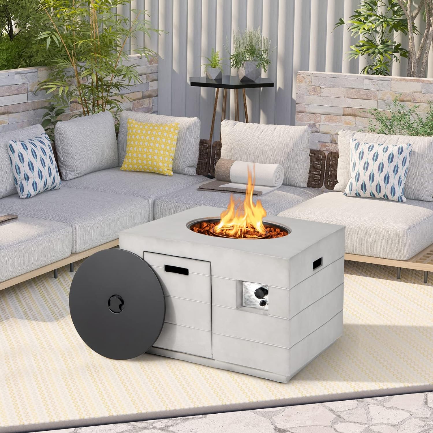 Tangkula 35 Inch Concrete Propane Gas Fire Pit Table, Patiojoy Square Outdoor Propane Fire Table with Protective Cover Lava Rocks & Metal Lid, 50,000BTU Outdoor Concrete Fire Table for Patio, Garden