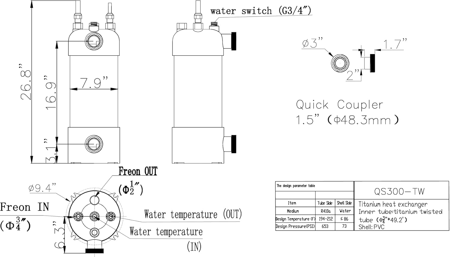 Pool Heat Exchanger Titanium Twisted Tube PVC Shell for Swimming Pool Heat Pump Solar Spa Heating and Cooling(102kBtu / 30kw)