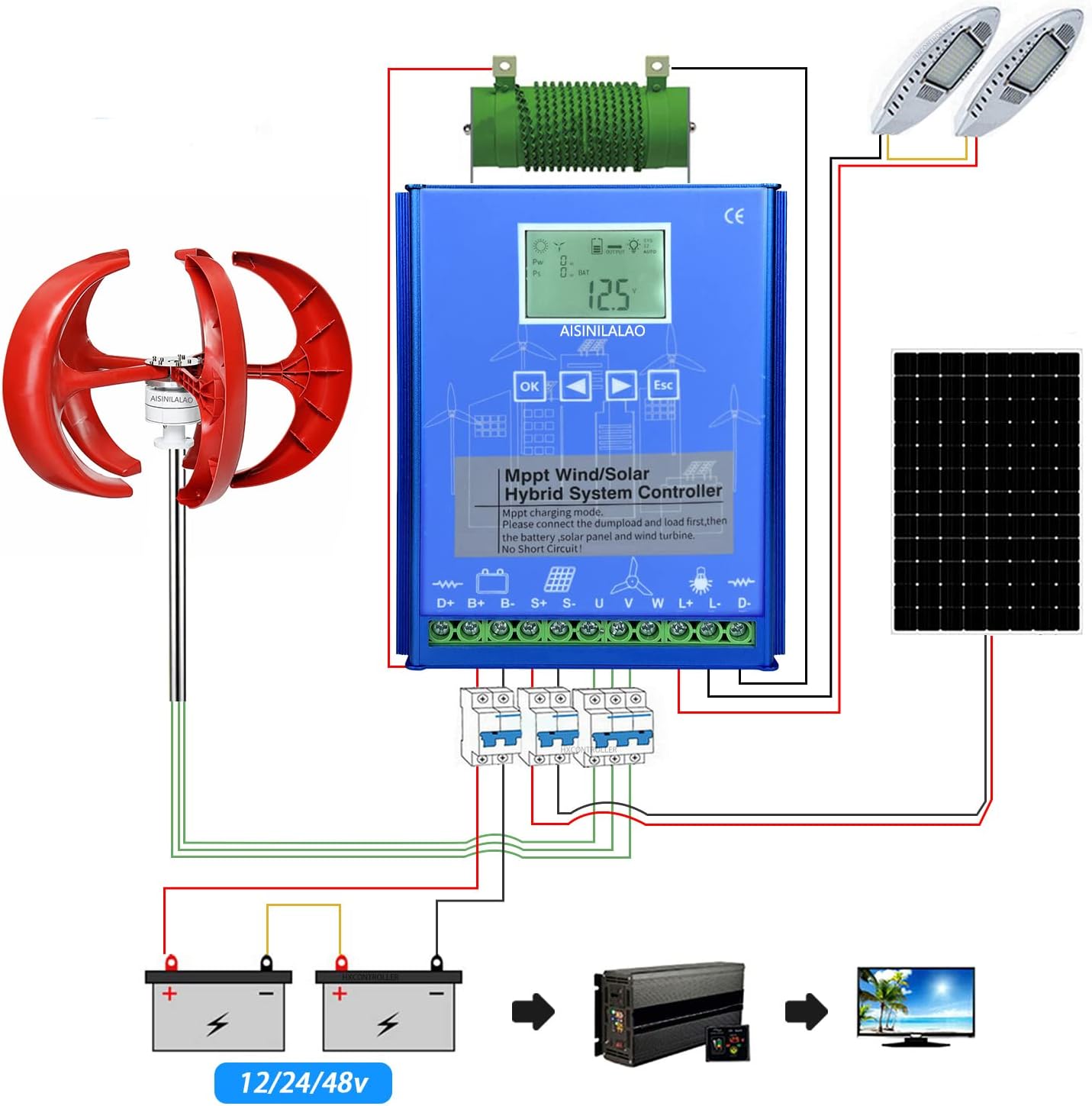 12V 24V 48V12000W MPPT Hybrid Wind Solar Charge Controller, Wind Turbine PV System Regualtor for Home Battery with Dump Load LCD Display