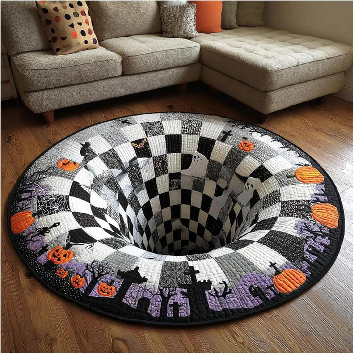 AVSMGP 3D Illusion Halloween Rug - Falling Pit Trap Doormat with Skeleton Pumpkin Design, Non-Slip Indoor Outdoor Carpet for Party Decor & Prank,E,150cm (59.06